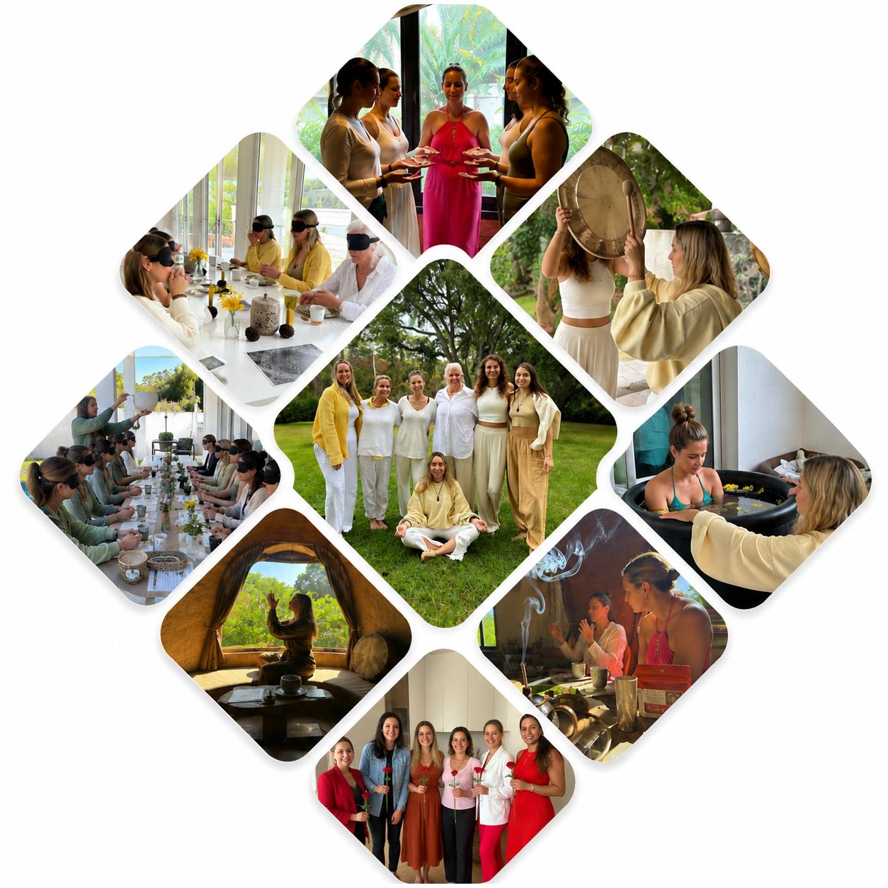 Collage of women at retreats, ceremonies, and breathwork circles